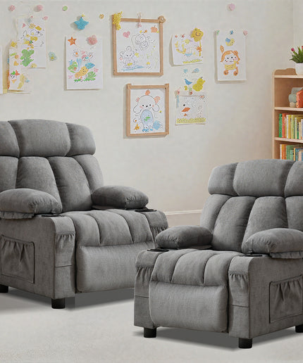 JONPONY Kids Recliner Chair,Push Back Toddler Recliner with Cup Holders & Side Pockets,Adjustable Footrest & Headrest Kids Sofa for Boys Girls 3+ Age Group, Grey