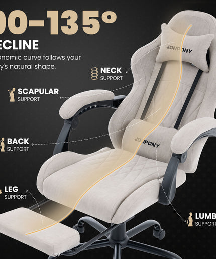 JONPONY Gaming Chair,Gamer Chair with Bluetooth and Adjustable Backrest,Seat Height Adjustable Computer Chairs with 2D Armrests,Office Chair with Footrest Speakers，LIGHT GREY