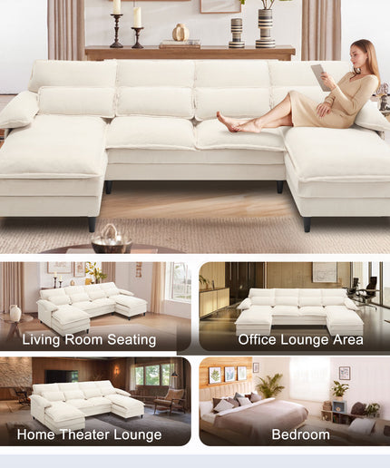 JONPONY 107.5" U Shaped Couch, 4 Seat Sectional with 4 Throw Pillows, Convertible Upholstery Symmetrical Sofá,High Dense Memory Foam with Double Chaise Lounge &Memory Foam for Living Room