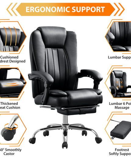 JONPONY Big and Tall Office Chair 500LBS Executive Office Chair Massage and Footrest Ergonomic Computer Desk Chair Reclining High Back Leather Office Chair Lumbar Back Support Swivel Rolling,Black