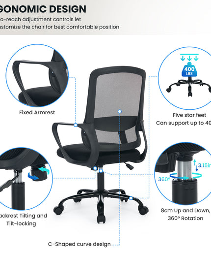 JONPONY Big and Tall Office Chair 400LBS Ergonomic Office Chair with Lumbar Support, Adjustable Armrest and Headrest Mesh Chair,8 Hours Heavy Duty Design,Black