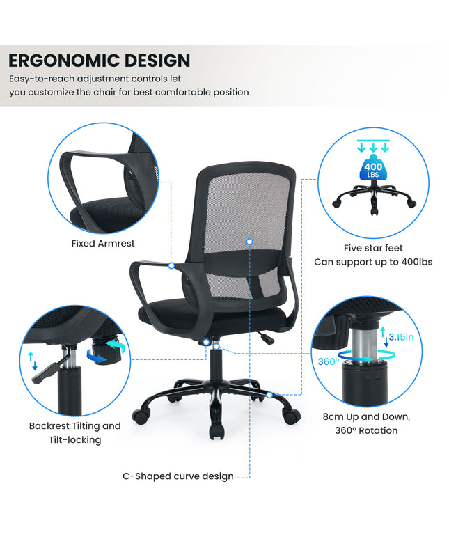 JONPONY Big and Tall Office Chair 400LBS Ergonomic Office Chair with Lumbar Support, Adjustable Armrest and Headrest Mesh Chair,8 Hours Heavy Duty Design,Black