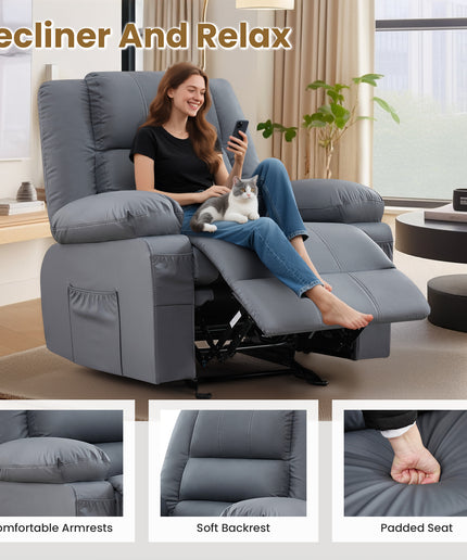 JONPONY Home Modern Comfort Reclining Chair,Elderly Single Rocker Sofa with Side Pocket for Bedroom Home Theater,Grey