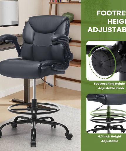 JONPONY Tall Office Chair for Standing Desk, Ergonomic High Leather Executive Office Chair with Flip-up Armrest,and Adjustable Foot Ring for Counter Height Desk,Black