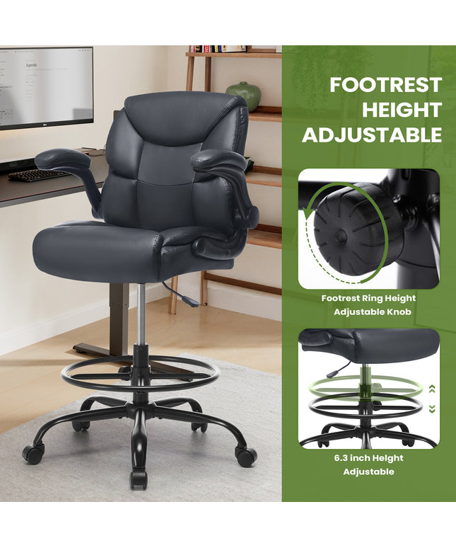 JONPONY Tall Office Chair for Standing Desk, Ergonomic High Leather Executive Office Chair with Flip-up Armrest,and Adjustable Foot Ring for Counter Height Desk,Black