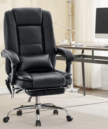 JONPONY Big and Tall Office Chair 500LBS Executive Office Chair Massage and Footrest Ergonomic Computer Desk Chair Reclining High Back Leather Office Chair Lumbar Back Support Swivel Rolling,Black