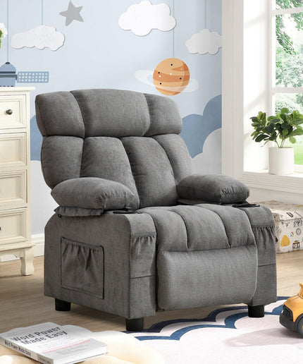 JONPONY Kids Recliner Chair,Push Back Toddler Recliner with Cup Holders & Side Pockets,Adjustable Footrest & Headrest Kids Sofa for Boys Girls 3+ Age Group, Grey