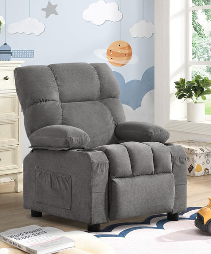 JONPONY Kids Recliner Chair,Push Back Toddler Recliner with Cup Holders & Side Pockets,Adjustable Footrest & Headrest Kids Sofa for Boys Girls 3+ Age Group, Grey