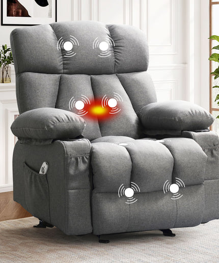 JONPONY Heated Manual Massage Recliner with Cup Holder, Single Rocker Sofa with Cup Holders for Bedroom Home Theater, Gray