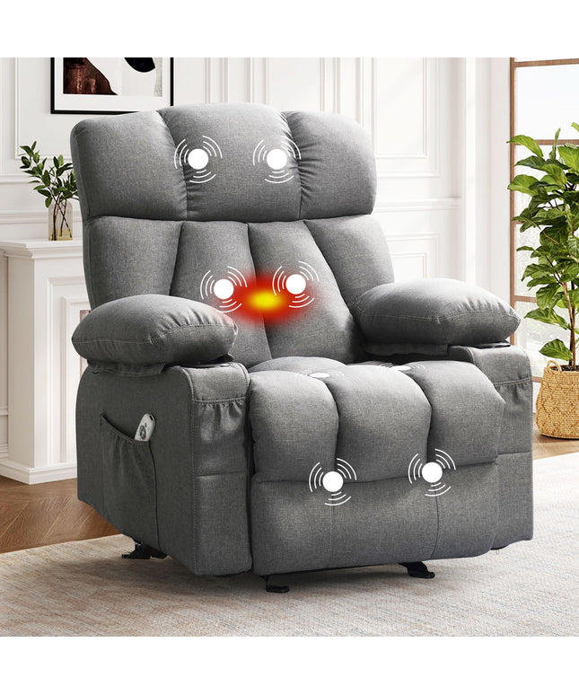 JONPONY Heated Manual Massage Recliner with Cup Holder, Single Rocker Sofa with Cup Holders for Bedroom Home Theater, Gray