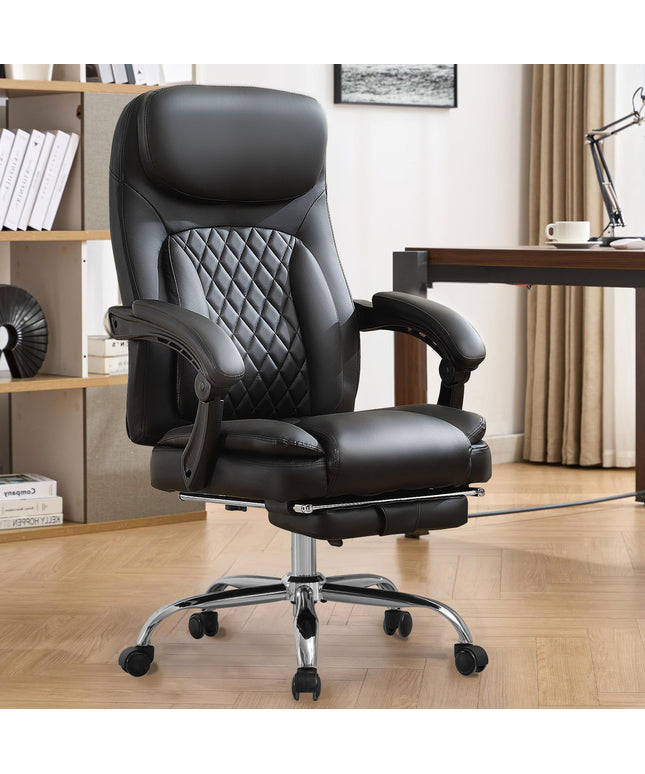 JONPONY Big and Tall Office Chair 500LBS Executive Office Chair Massage and Footrest Ergonomic Computer Desk Chair Reclining High Back Leather Office Chair Lumbar Back Support Swivel Rolling,Black