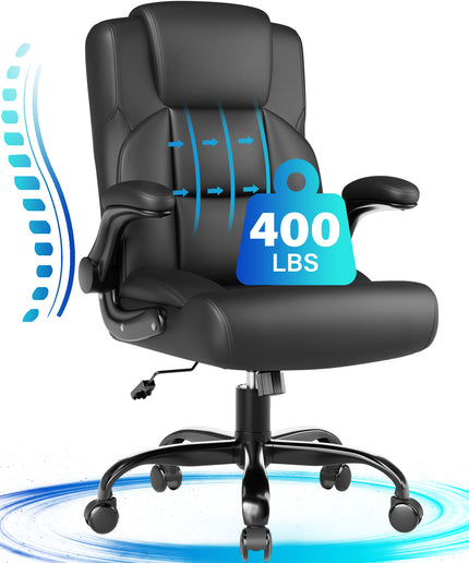 JONPONY Leather Office Chair, Big and Tall Office Chair 400LBS Wide Seat Ergonomic Computer Desk Chair High Back Executive Leather Chair Adjustable Task Chair Lumbar Back with 1-Year Warranty, Black