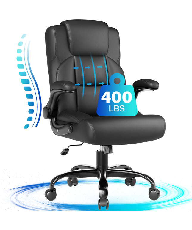 JONPONY Leather Office Chair, Big and Tall Office Chair 400LBS Wide Seat Ergonomic Computer Desk Chair High Back Executive Leather Chair Adjustable Task Chair Lumbar Back with 1-Year Warranty, Black