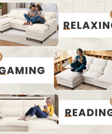 JONPONY 107.5" U Shaped Couch, 4 Seat Sectional with 4 Throw Pillows, Convertible Upholstery Symmetrical Sofá,High Dense Memory Foam with Double Chaise Lounge &Memory Foam for Living Room