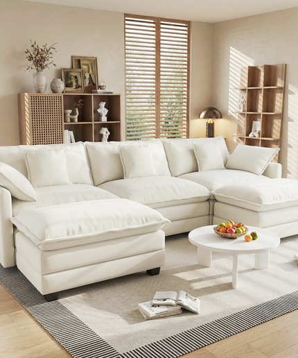 Jonpony Modular Sectional Sofa, Comfy Cloud Couch with Movable Ottoman, Deep Seat Couches for Living Room, Bedroom and Apartment, 106" U Shaped Modern Sofa with Pillows, Beige