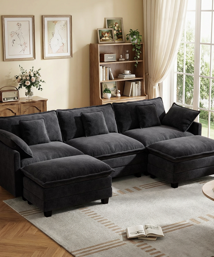 Jonpony Modular Sectional Sofa, Comfy Cloud Couch with Movable Ottoman, Deep Seat Couches for Living Room, Bedroom and Apartment, 106" U Shaped Modern Sofa with Pillows, Beige