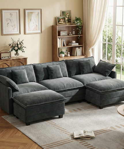 Jonpony Modular Sectional Sofa, Comfy Cloud Couch with Movable Ottoman, Deep Seat Couches for Living Room, Bedroom and Apartment, 106" U Shaped Modern Sofa with Pillows, Beige