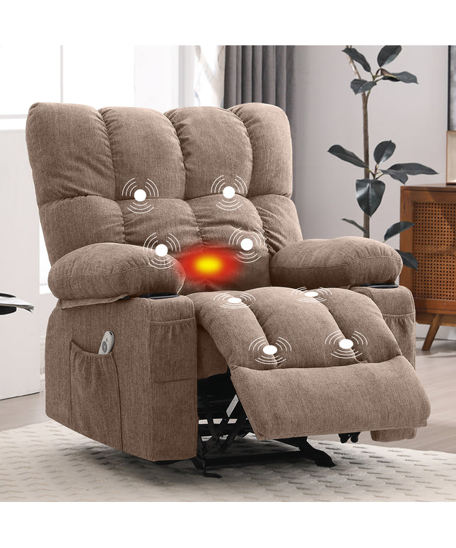 JONPONY Manual Recliner Chair with Heat Therapy and Massage Function, Heavy Duty Reclining Mechanism Massage Chair, Elderly Single Rocker Sofa with Cup Holders for Bedroom Home Theater,Grey