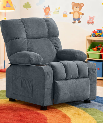 JONPONY Kids Recliner Chair,Push Back Toddler Recliner with Cup Holders & Side Pockets,Adjustable Footrest & Headrest Kids Sofa for Boys Girls 3+ Age Group, Grey