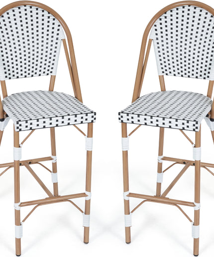 Jonpony Outdoor French Counter Bar Stools Set of 2, 30" Height Patio Rattan Barstools w/ Wood Print Finish, All-Weather Armless Wicker Chairs for Poolside Backyard Front Porch Garden Indoor Kitchen, White/Black/Blue