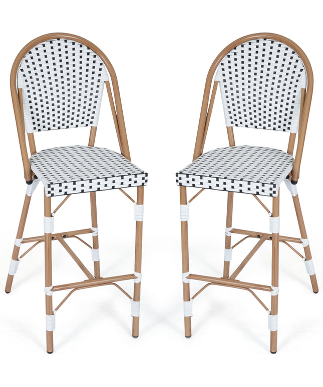 Jonpony Outdoor French Counter Bar Stools Set of 2, 30" Height Patio Rattan Barstools w/ Wood Print Finish, All-Weather Armless Wicker Chairs for Poolside Backyard Front Porch Garden Indoor Kitchen, White/Black/Blue
