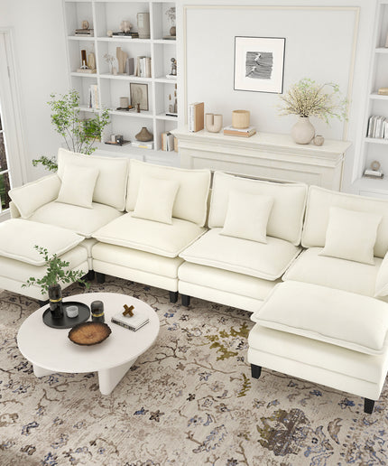 Jonpony Modular Sectional Sofa, Comfy Cloud Couch with Movable Ottoman, Deep Seat Couches for Living Room, Bedroom and Apartment, 106" U Shaped Modern Sofa with Pillows, Beige