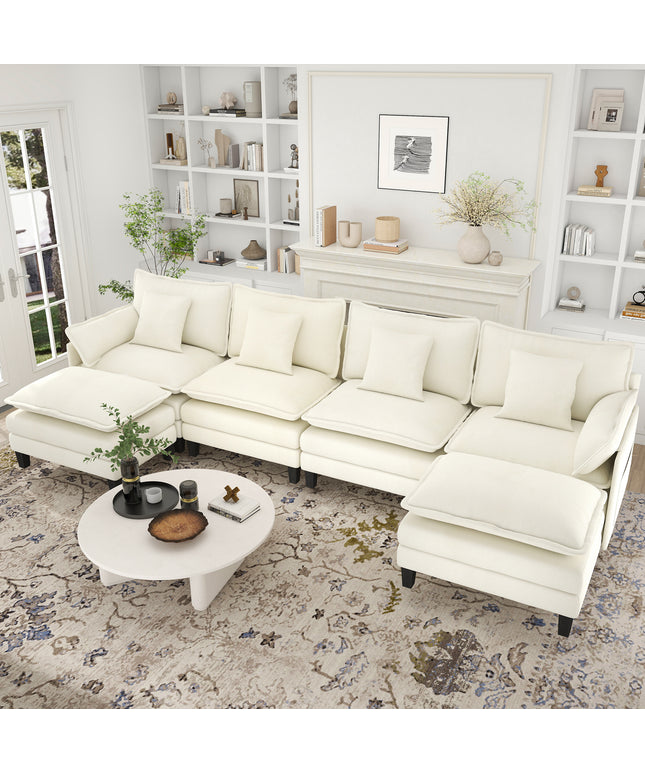 Jonpony Modular Sectional Sofa, Comfy Cloud Couch with Movable Ottoman, Deep Seat Couches for Living Room, Bedroom and Apartment, 106" U Shaped Modern Sofa with Pillows, Beige