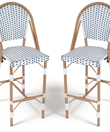 Jonpony Outdoor French Counter Bar Stools Set of 2, 30" Height Patio Rattan Barstools w/ Wood Print Finish, All-Weather Armless Wicker Chairs for Poolside Backyard Front Porch Garden Indoor Kitchen, White/Black/Blue