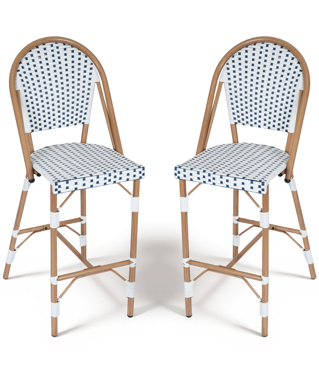Jonpony Outdoor French Counter Bar Stools Set of 2, 30" Height Patio Rattan Barstools w/ Wood Print Finish, All-Weather Armless Wicker Chairs for Poolside Backyard Front Porch Garden Indoor Kitchen, White/Black/Blue