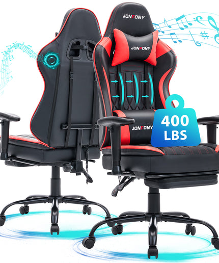 JONPONY Big and Tall 400lbs Gaming Chair with Bluetooth Speakers, Gamer Chair with Footrest and Lumbar Support & 360-Swivel Seat, Ergonomic Gamer Chair with Headrest, Red