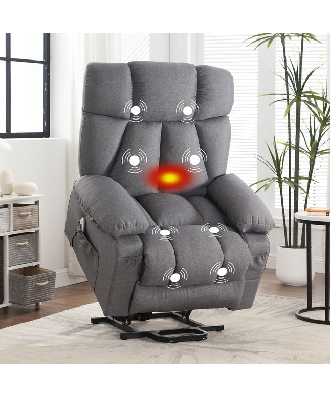 JONPONY Power Lift Recliner Chair with Heat and Massage, Lay Flat Assist Recliner with Side Pocket, USB Charge Port for Living Room，Grey