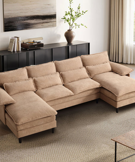 JONPONY 107.5" U Shaped Couch, 4 Seat Sectional with 4 Throw Pillows, Convertible Upholstery Symmetrical Sofá,High Dense Memory Foam with Double Chaise Lounge &Memory Foam for Living Room
