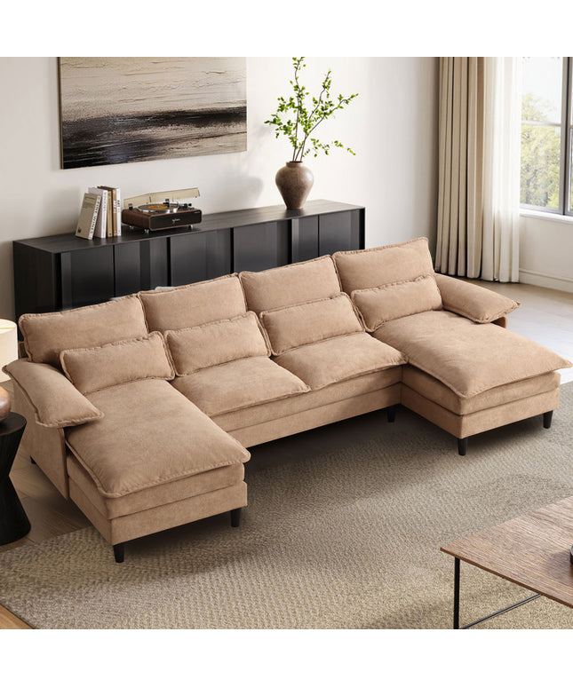 JONPONY 107.5" U Shaped Couch, 4 Seat Sectional with 4 Throw Pillows, Convertible Upholstery Symmetrical Sofá,High Dense Memory Foam with Double Chaise Lounge &Memory Foam for Living Room