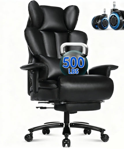 JONPONY Big and Tall Office Chair with Footrest, Executive Office Chair with Adjustable Lumbar Support, Dual Rubber Wheels, Ergonomic High Back Computer Chairs, Black