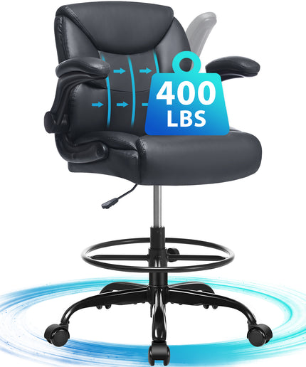JONPONY Tall Office Chair for Standing Desk, Ergonomic High Leather Executive Office Chair with Flip-up Armrest,and Adjustable Foot Ring for Counter Height Desk,Black