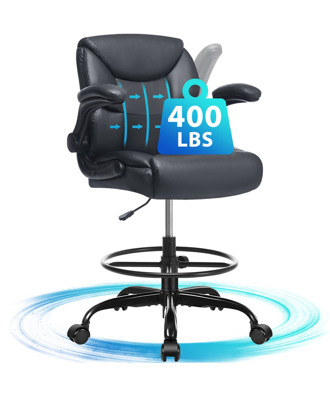 JONPONY Tall Office Chair for Standing Desk, Ergonomic High Leather Executive Office Chair with Flip-up Armrest,and Adjustable Foot Ring for Counter Height Desk,Black