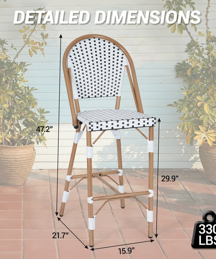 Jonpony Outdoor French Counter Bar Stools Set of 2, 30" Height Patio Rattan Barstools w/ Wood Print Finish, All-Weather Armless Wicker Chairs for Poolside Backyard Front Porch Garden Indoor Kitchen, White/Black/Blue