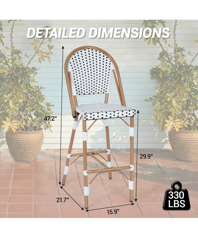 Jonpony Outdoor French Counter Bar Stools Set of 2, 30" Height Patio Rattan Barstools w/ Wood Print Finish, All-Weather Armless Wicker Chairs for Poolside Backyard Front Porch Garden Indoor Kitchen, White/Black/Blue