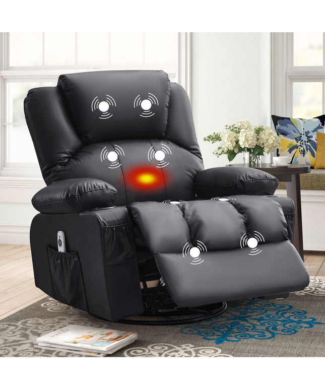 JONPONY Massage Swivel Rocker Recliner Chair with Vibration Massage and Heat Ergonomic Lounge Chair for Living Room with Rocking Function and Side Pocket, 2 Cup Holders, USB Charge Port,Black