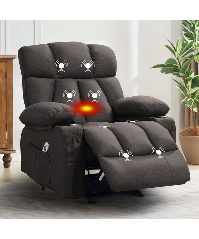 JONPONY Manual Recliner Chair with Heat Therapy and Massage Function, Heavy Duty Reclining Mechanism Massage Chair, Elderly Single Rocker Sofa with Cup Holders for Bedroom Home Theater,Grey, B1273