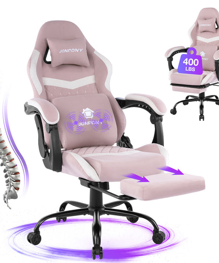 JONPONY Big and Tall Gaming Chair, Computer Chair with Footrest and Massage Lumbar Support, Height Adjustable Game Chair with Headrest and Swivel Seat，GREY