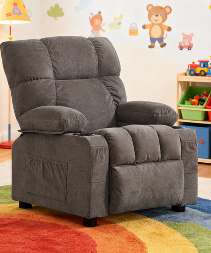 JONPONY Kids Recliner Chair,Push Back Toddler Recliner with Cup Holders & Side Pockets,Adjustable Footrest & Headrest Kids Sofa for Boys Girls 3+ Age Group, Grey