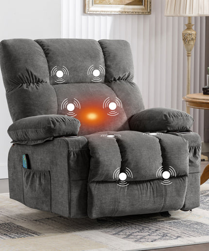 JONPONY Manual Recliner Chair with Heat Therapy and Massage Function, Heavy Duty Reclining Mechanism Massage Chair, Elderly Single Rocker Sofa with Cup Holders for Bedroom Home Theater,Grey