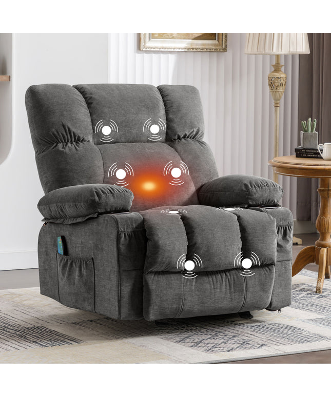 JONPONY Manual Recliner Chair with Heat Therapy and Massage Function, Heavy Duty Reclining Mechanism Massage Chair, Elderly Single Rocker Sofa with Cup Holders for Bedroom Home Theater,Grey