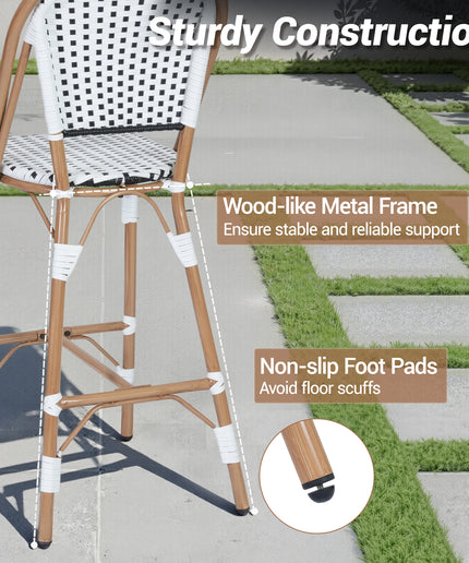 Jonpony Outdoor French Counter Bar Stools Set of 2, 30" Height Patio Rattan Barstools w/ Wood Print Finish, All-Weather Armless Wicker Chairs for Poolside Backyard Front Porch Garden Indoor Kitchen, White/Black/Blue