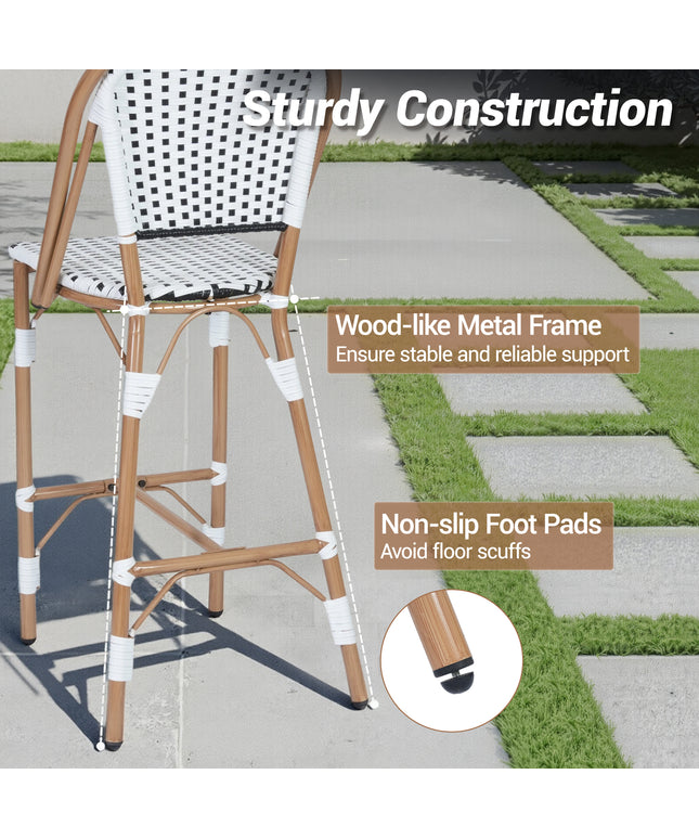 Jonpony Outdoor French Counter Bar Stools Set of 2, 30" Height Patio Rattan Barstools w/ Wood Print Finish, All-Weather Armless Wicker Chairs for Poolside Backyard Front Porch Garden Indoor Kitchen, White/Black/Blue