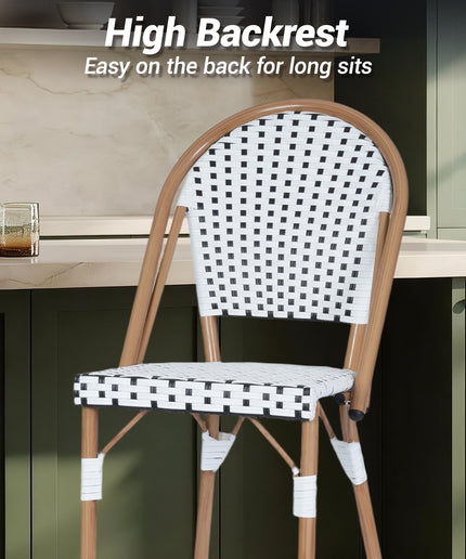 Jonpony Outdoor French Counter Bar Stools Set of 2, 30" Height Patio Rattan Barstools w/ Wood Print Finish, All-Weather Armless Wicker Chairs for Poolside Backyard Front Porch Garden Indoor Kitchen, White/Black/Blue