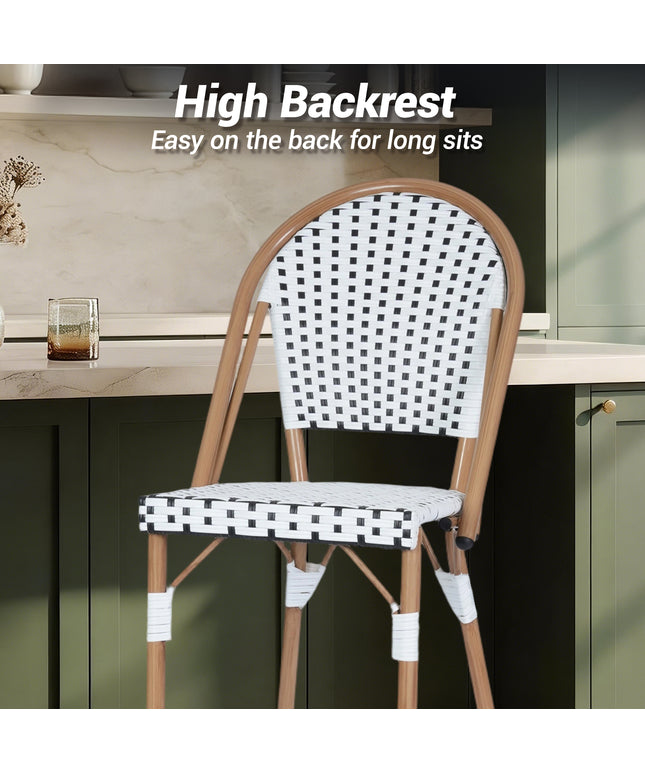 Jonpony Outdoor French Counter Bar Stools Set of 2, 30" Height Patio Rattan Barstools w/ Wood Print Finish, All-Weather Armless Wicker Chairs for Poolside Backyard Front Porch Garden Indoor Kitchen, White/Black/Blue