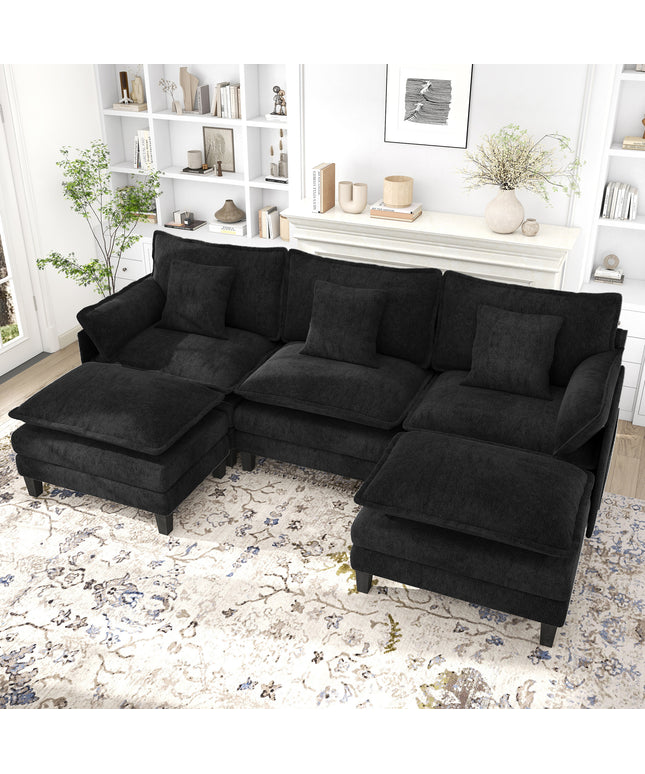 Jonpony Modular Sectional Sofa, Comfy Cloud Couch with Movable Ottoman, Deep Seat Couches for Living Room, Bedroom and Apartment, 106" U Shaped Modern Sofa with Pillows, Beige