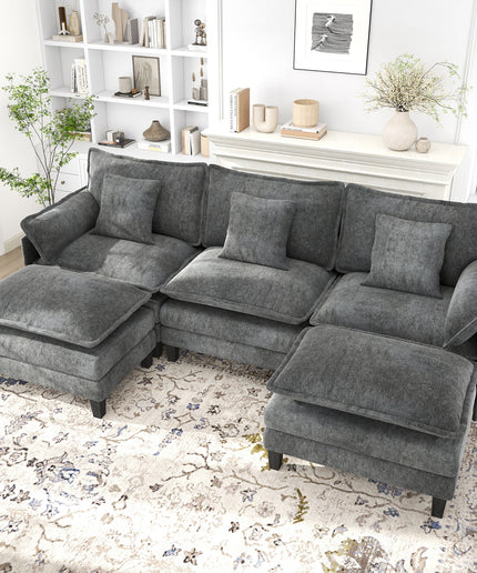 Jonpony Modular Sectional Sofa, Comfy Cloud Couch with Movable Ottoman, Deep Seat Couches for Living Room, Bedroom and Apartment, 106" U Shaped Modern Sofa with Pillows, Beige